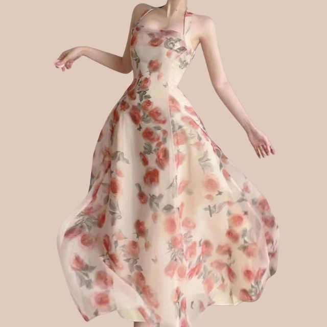 A-line dress with floral pattern and halterneck