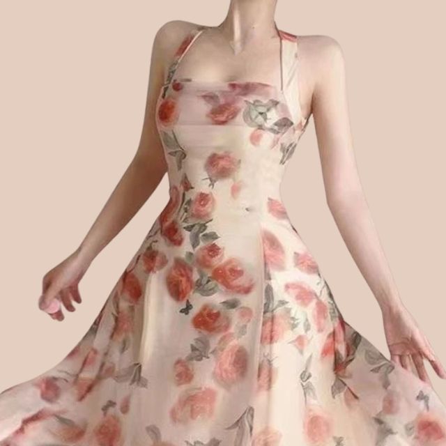 A-line dress with floral pattern and halterneck