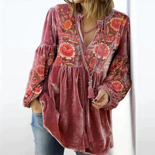 Women's blouse vintage print V-neck long sleeve shirt