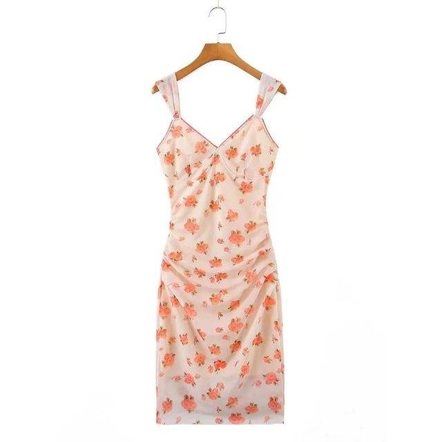 Gathered slip dress with delicate floral pattern