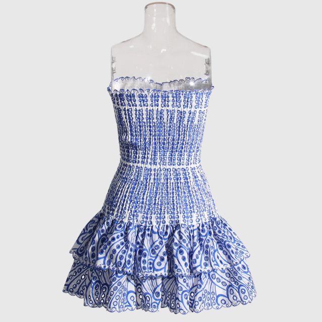 Gathered bandeau mini dress with blue paisley pattern