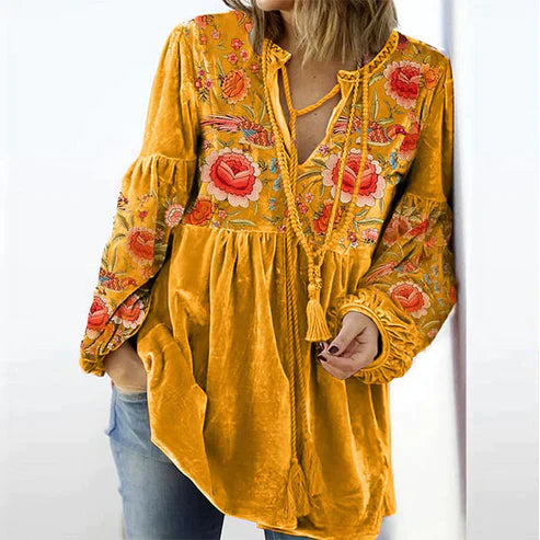 Women's blouse vintage print V-neck long sleeve shirt