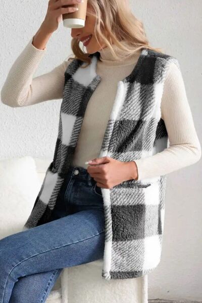 Women's - Cosy Sherpa Plaid Open Front Vest Coat - Stylish Layering Essential