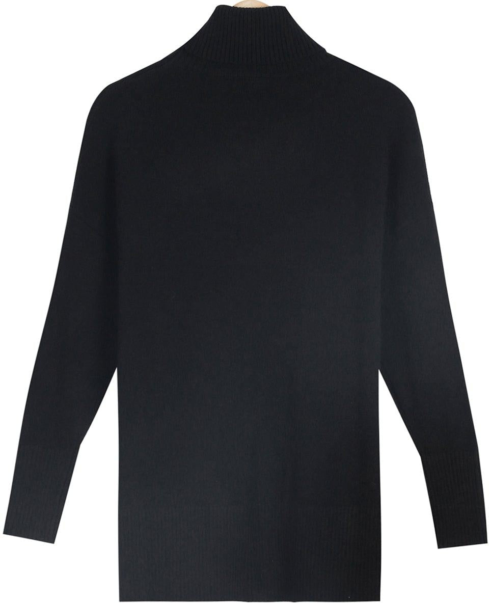 Black Plain Long-Sleeved Sweater with High Neckline