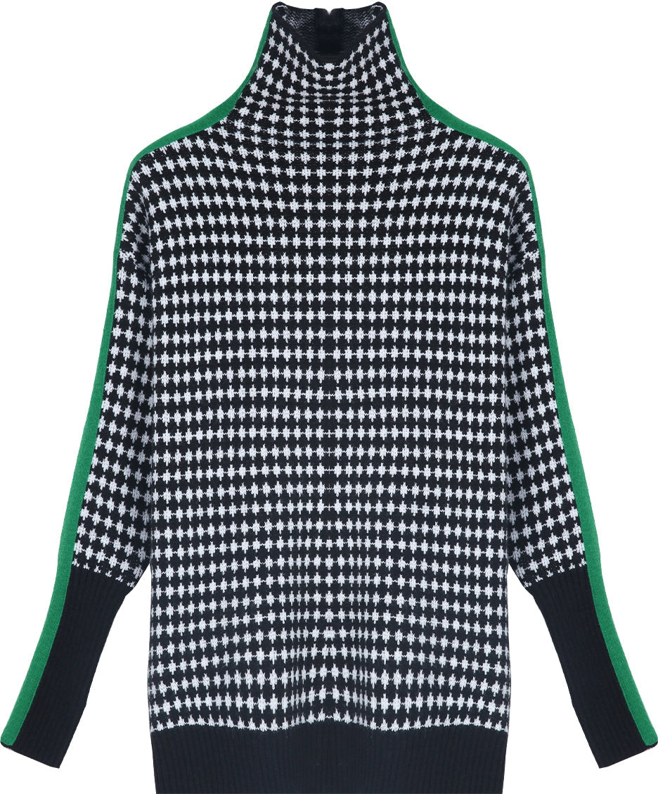 Green Striped Sweater with Black and White Checkered Pattern