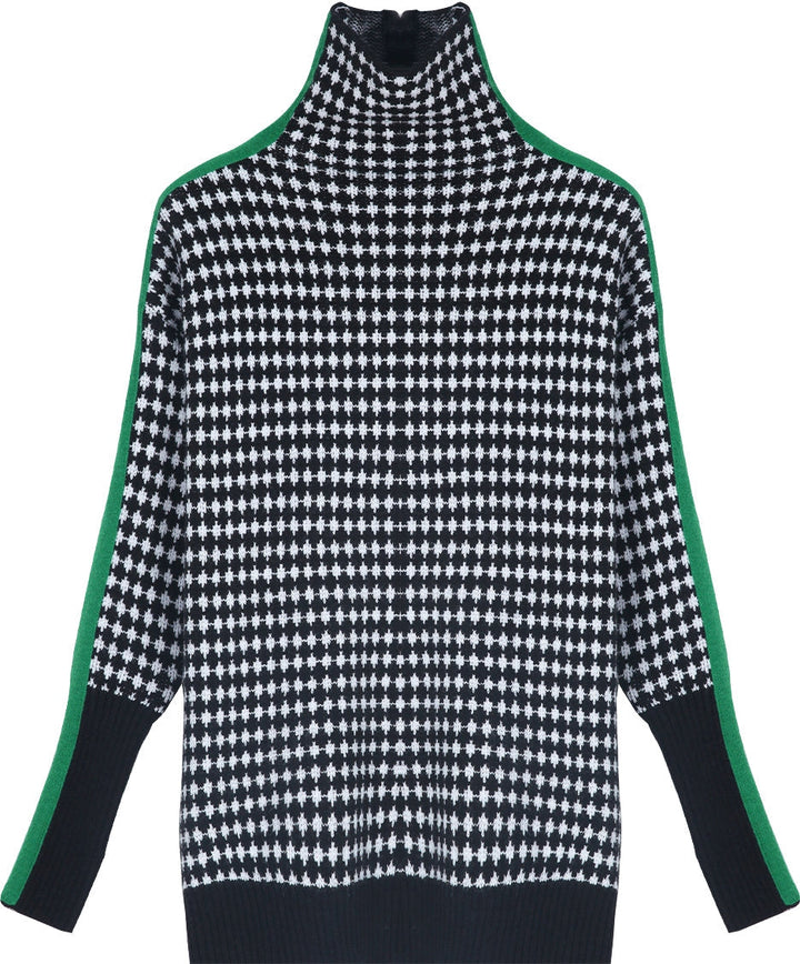 Green Striped Sweater with Black and White Checkered Pattern