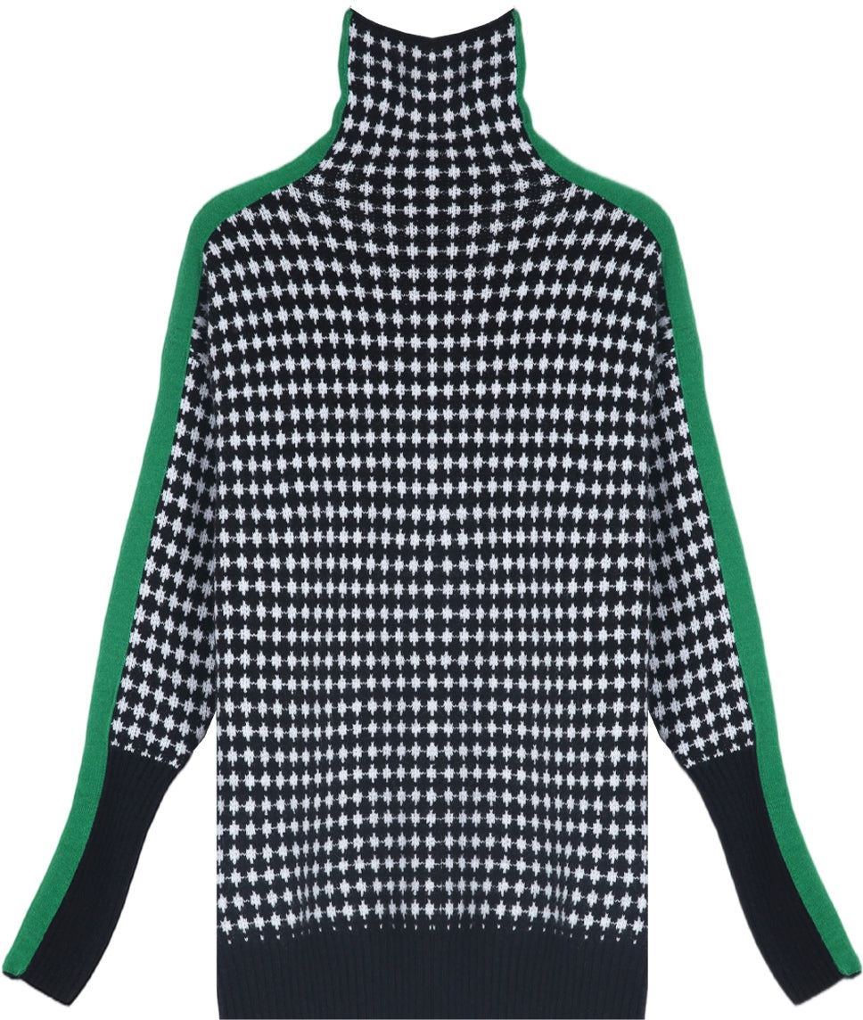 Green striped jumper with a black and white checked pattern