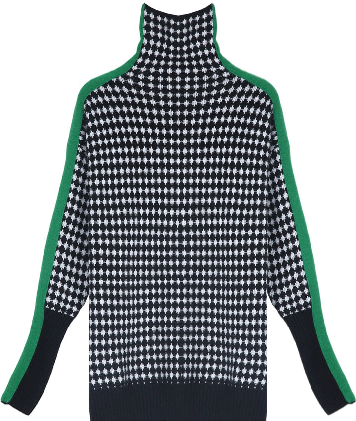 Green striped jumper with a black and white checked pattern