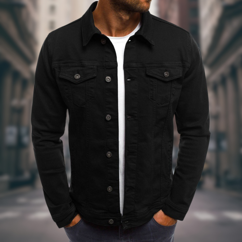 Men's - Classic Fit Stretch Denim Jacket with Button Closure