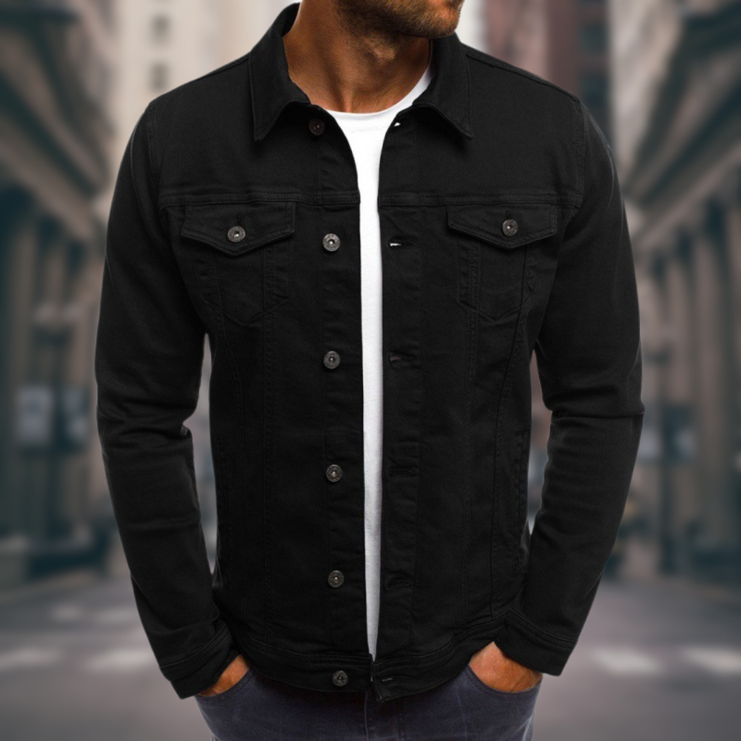 Men's - Classic Fit Stretch Denim Jacket with Button Closure