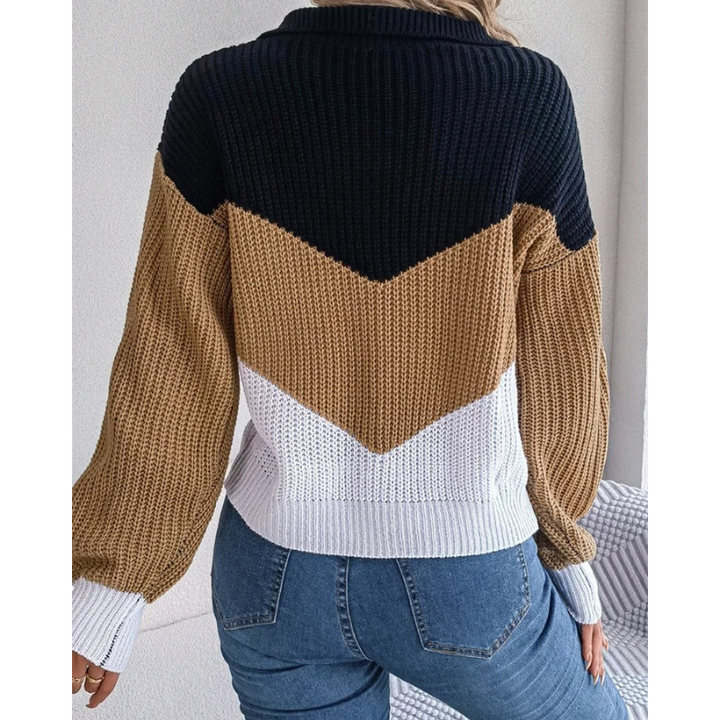 Knitted women's jumper with V-neck, casual colour block