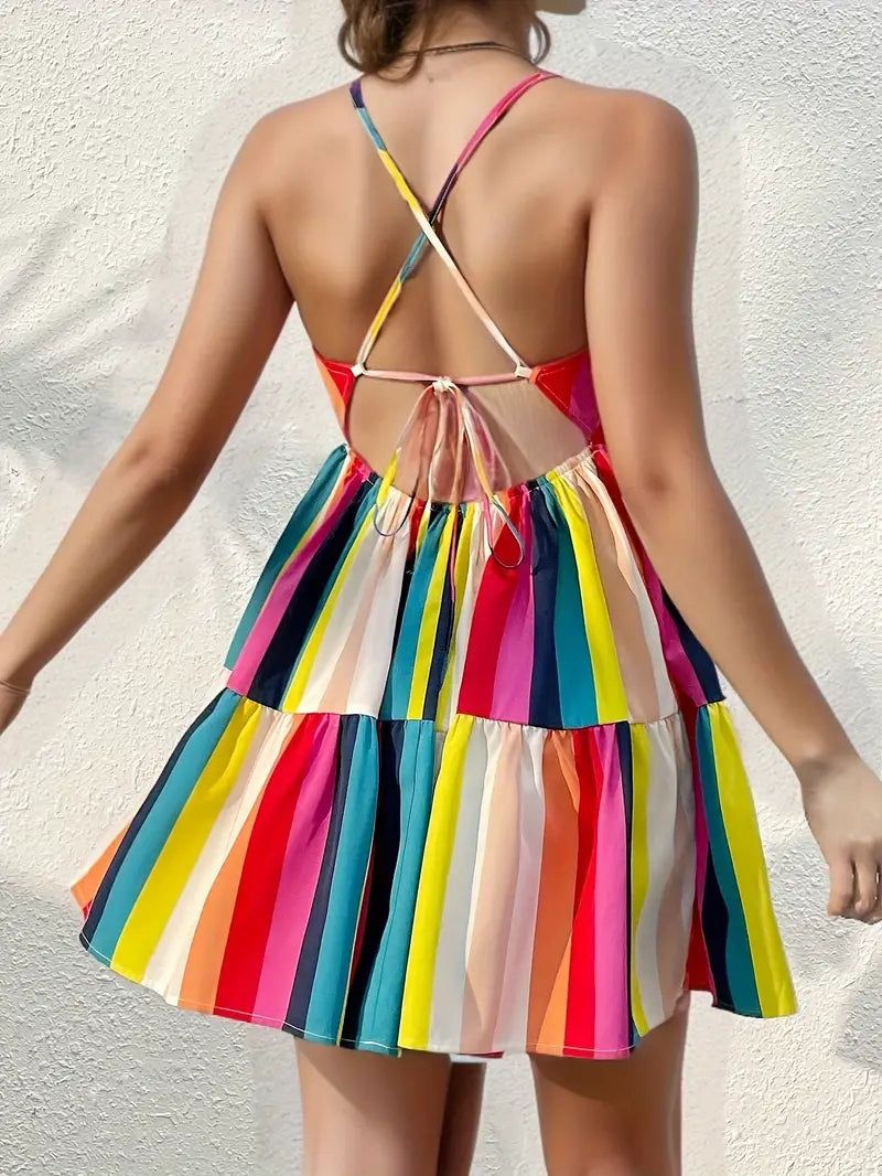 Dress Without Back With Rainbow Stripe Pattern