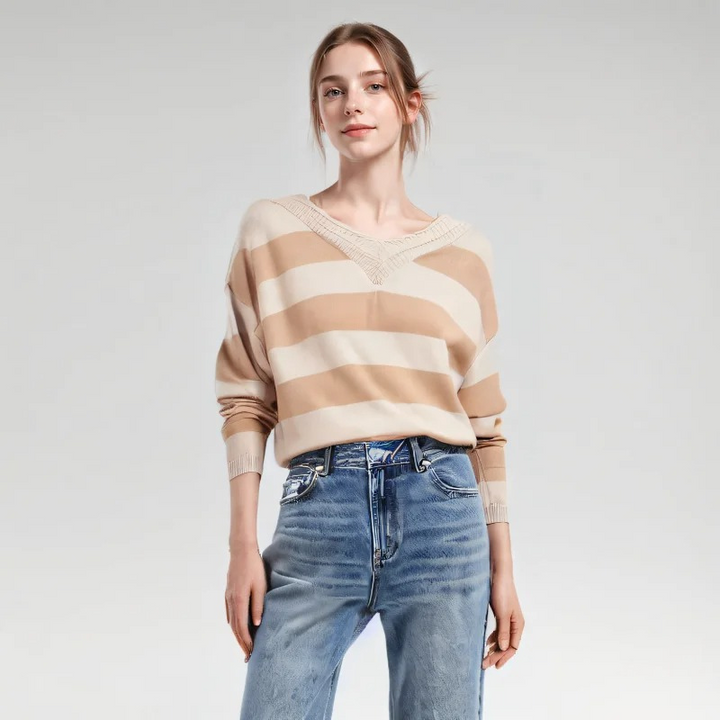 Trendy striped women's jumper with a loose fit - V-neck design