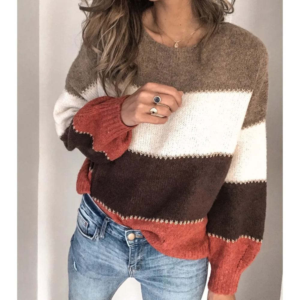 Casual Knitted Women's Sweater, Colour Block Design