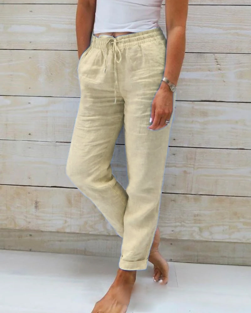 Women's - Linen Trousers - Cotton Blend, Elasticated Waistband - Comfortable Summer Essential