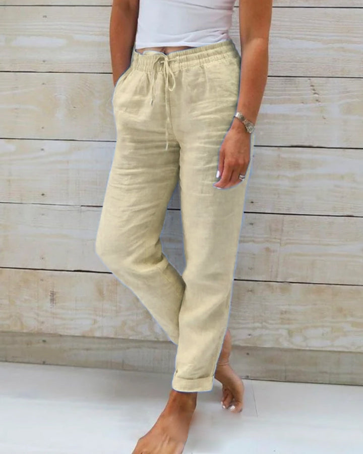 Women's - Linen Trousers - Cotton Blend, Elasticated Waistband - Comfortable Summer Essential