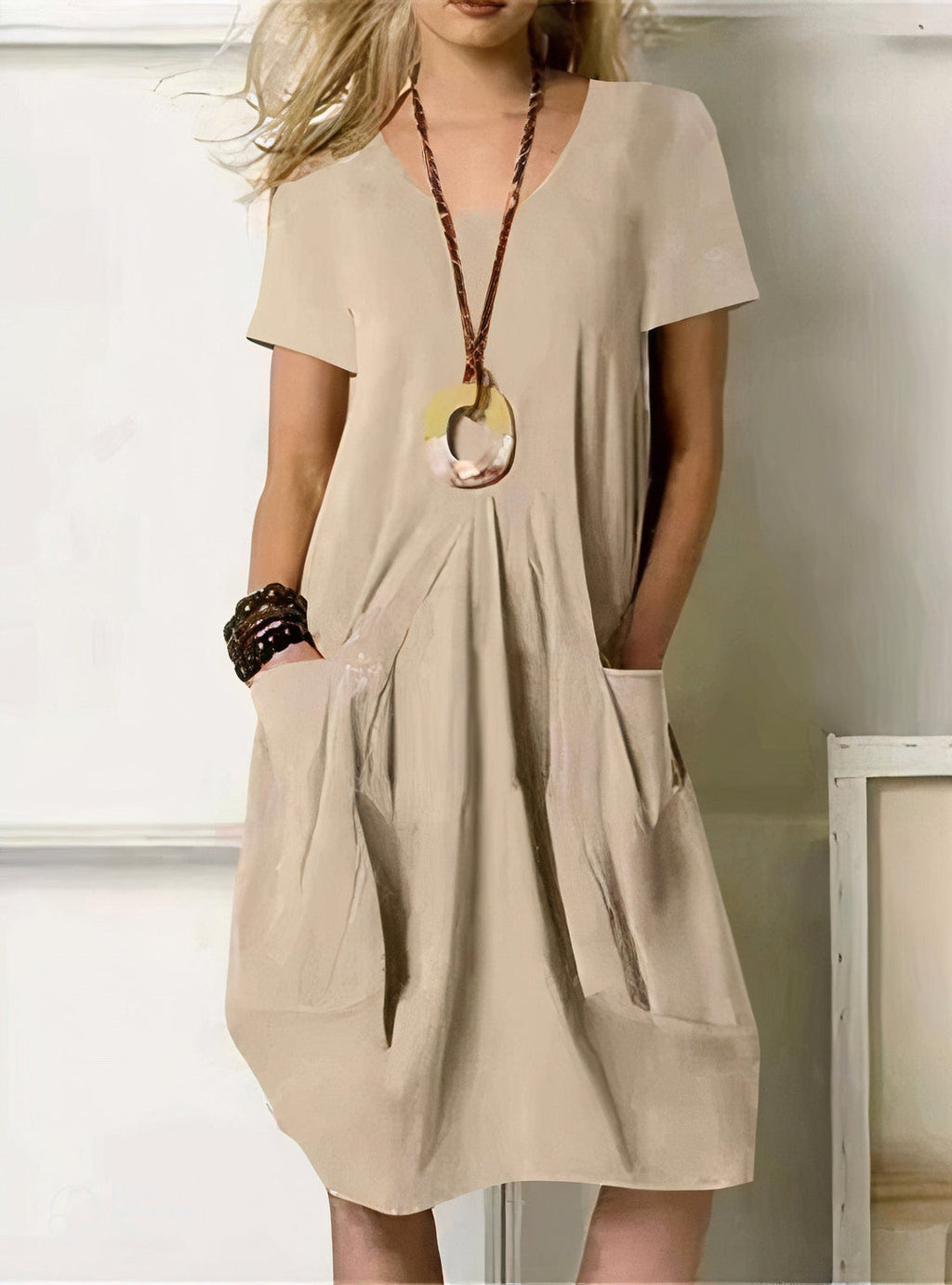 Women's - Casual Loose Fit Short Sleeve Dress with Pockets