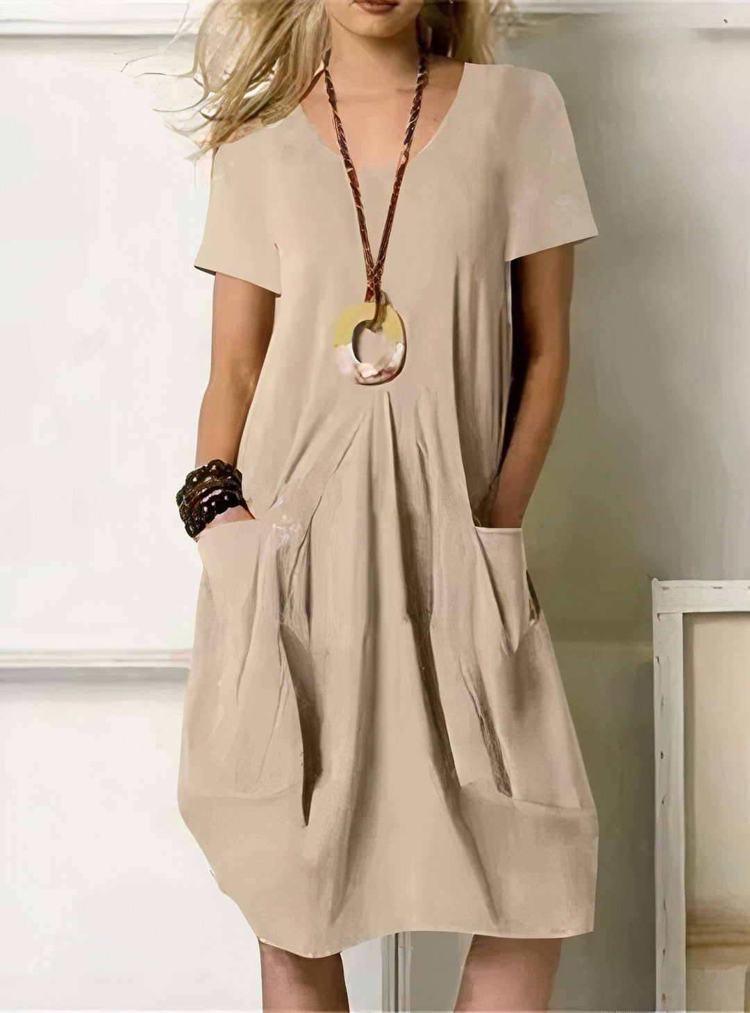 Women's - Casual Loose Fit Short Sleeve Dress with Pockets