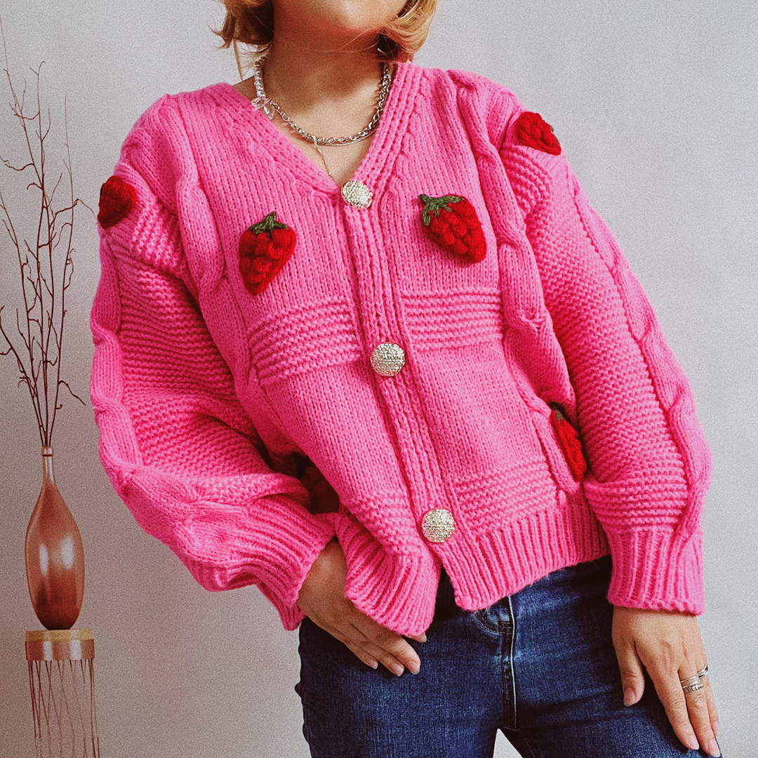 Stylish cardigan with long sleeves and strawberry print for autumn and spring