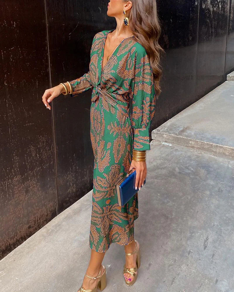 Women - Midi Dress - Floral Print - V-Neck Style