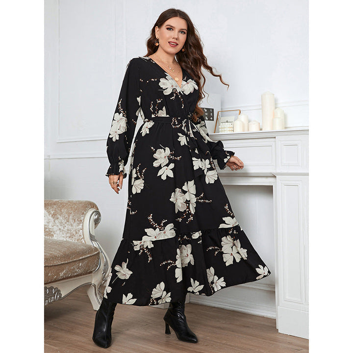 Temperament Elegant Printed V-Neck Petal Sleeve Women's Dress