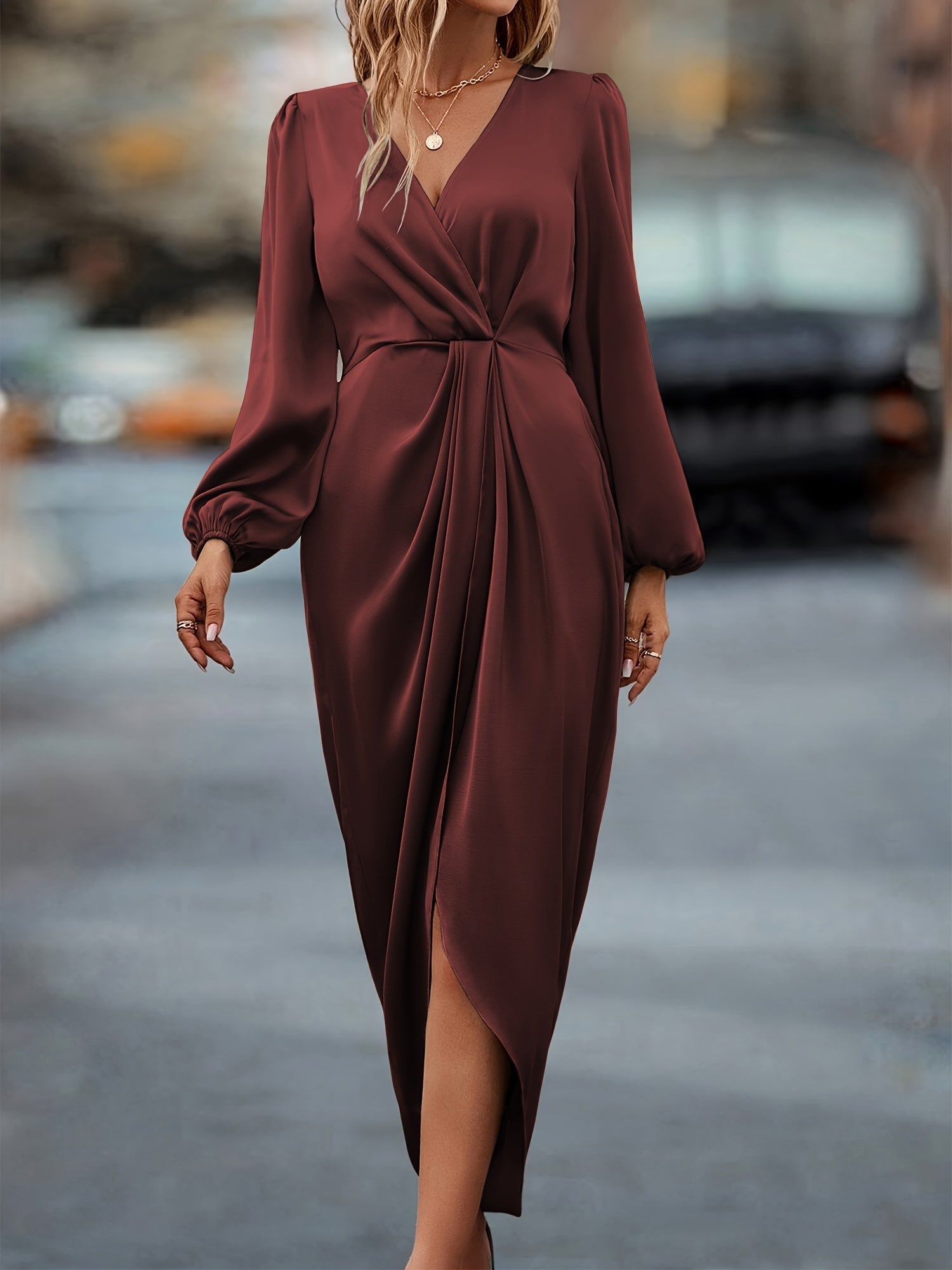 Women's - Ruched Long Sleeve Dress - Formal Wear