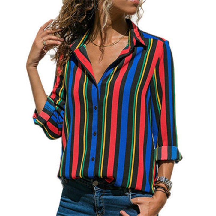 Stylish striped casual V-neck long sleeve chiffon blouse