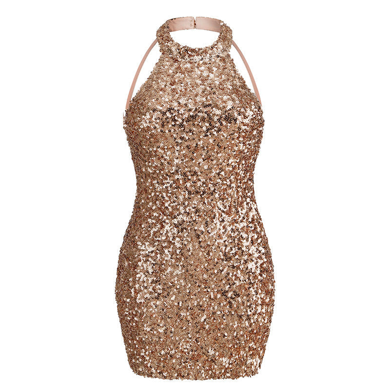 Polished Backless Halter Sequin Mini Skirt Tight Ladies Party Dress