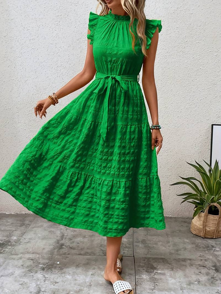 Stylish Dress with Belt and Neck Ruffles