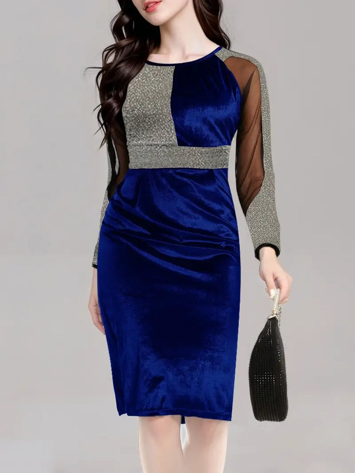 Long-sleeved pencil dress of contrasting mesh