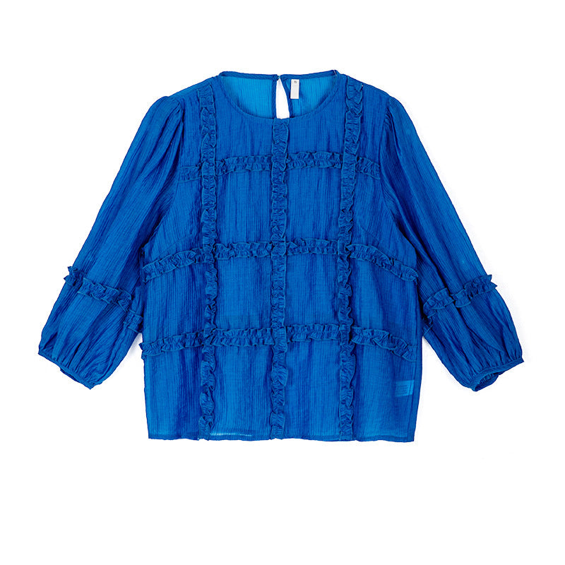 Trendy mesh long sleeve top women's ruffled blouse