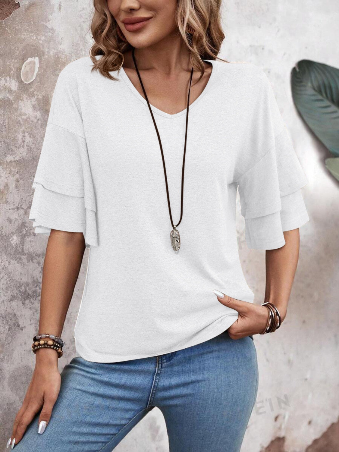 Women's - V-Neck Half Sleeve Blouse - Soft Fabric - Stylish Top