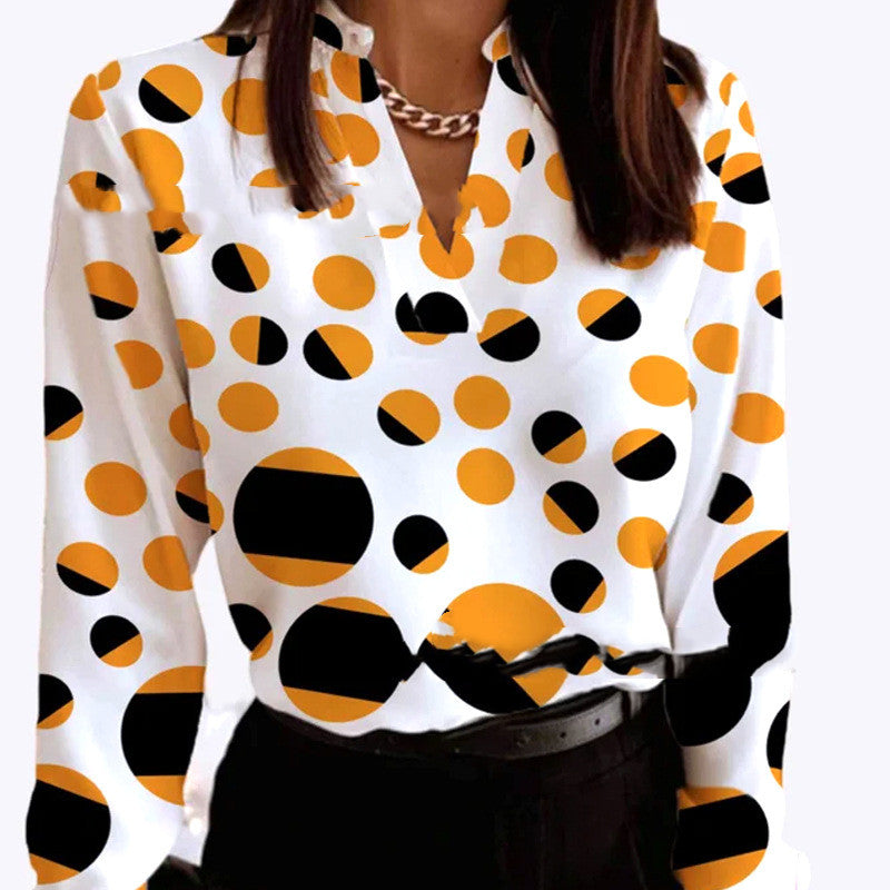 Trendy Printed Polka Round Ladies Blouse V-Neck