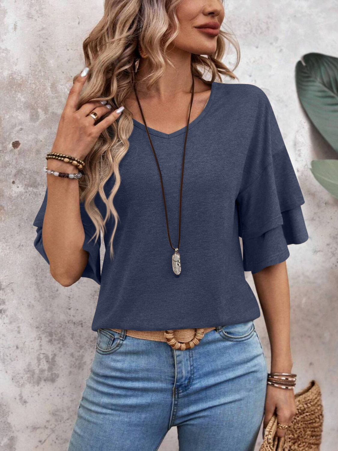 Women's - V-Neck Half Sleeve Blouse - Soft Fabric - Stylish Top