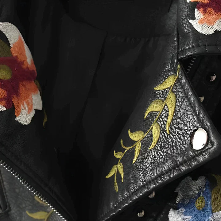 Black vegan leather jacket with floral embroidery for women