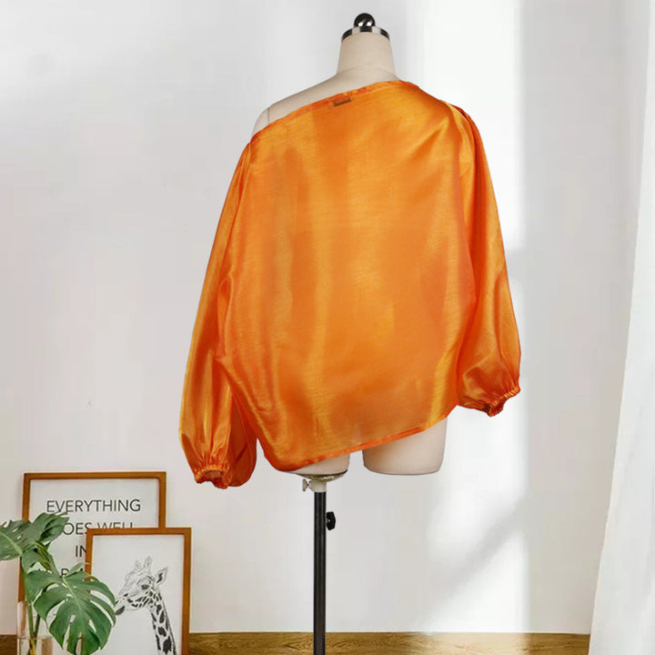 Chic slanted shoulder lantern sleeves