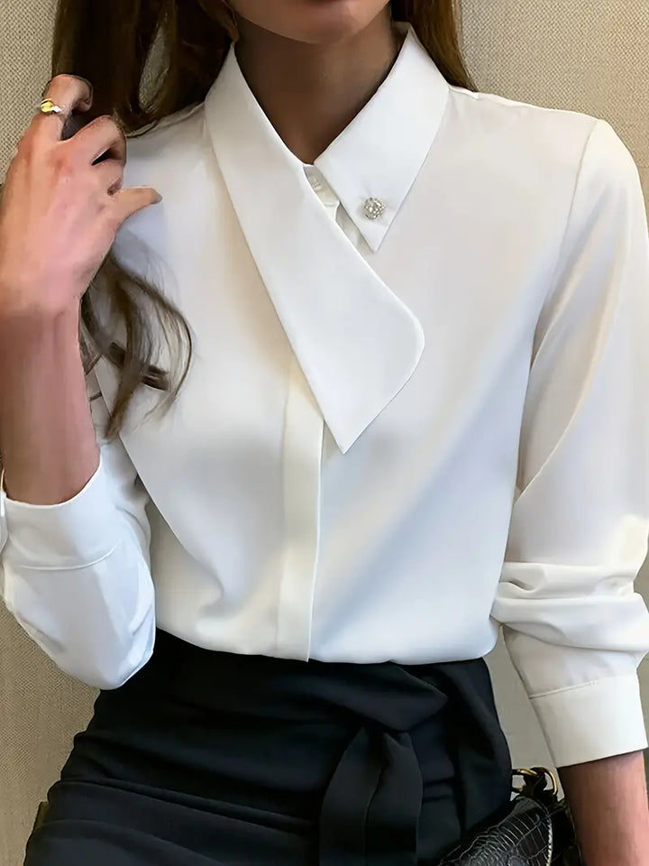 Elegant stand-up collar blouse with concealed button placket