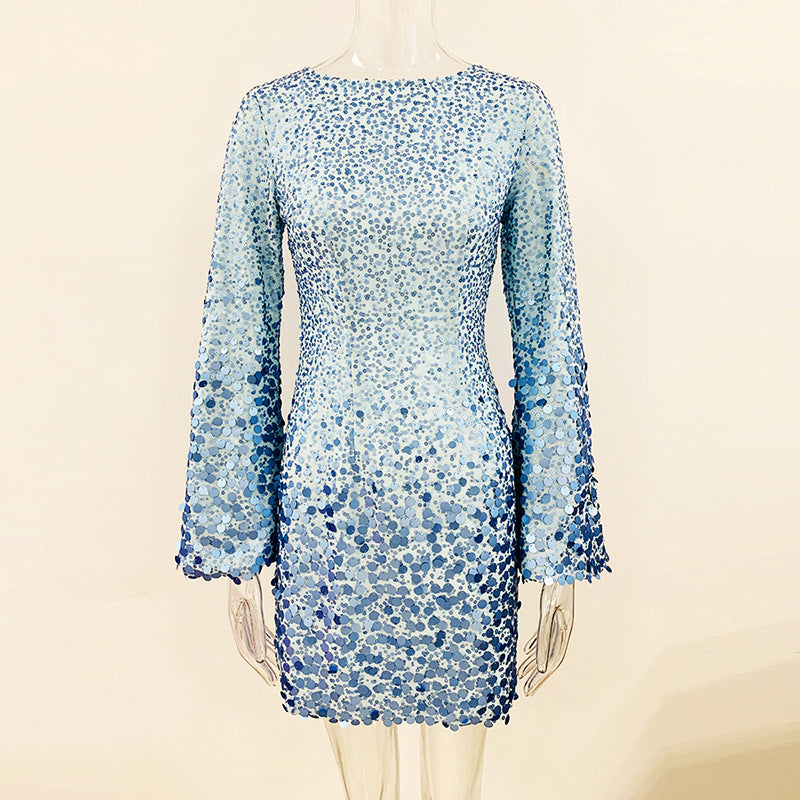 Slim-fit Flared sleeves Full body sequin chiffon dress