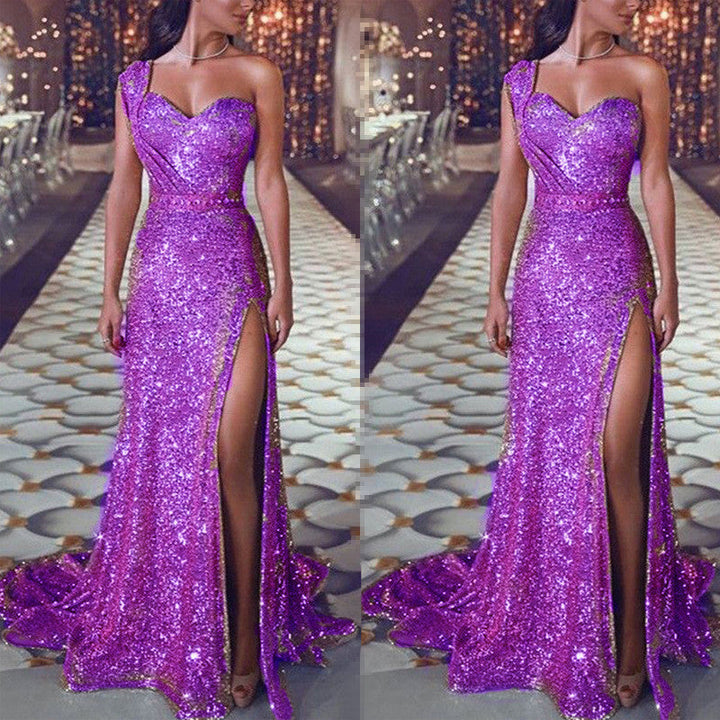 One-shoulder sleeveless bronze dress slit long skirt