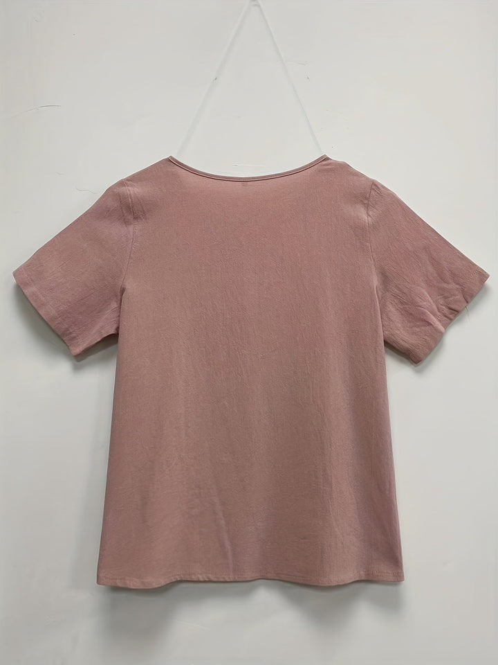 Women's - Oversized Linen Blouse - Casual Short-Sleeved Jumper Shirt with Print - Stylish Summer Top