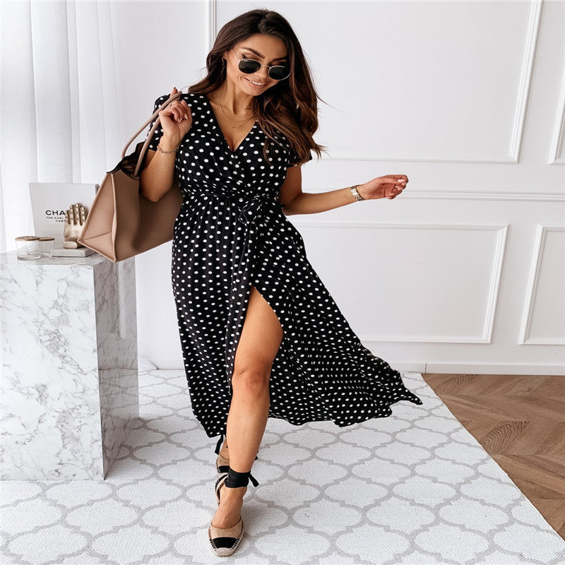 Elegant  Bohemian Polka Dot Print Dress Long Skirt