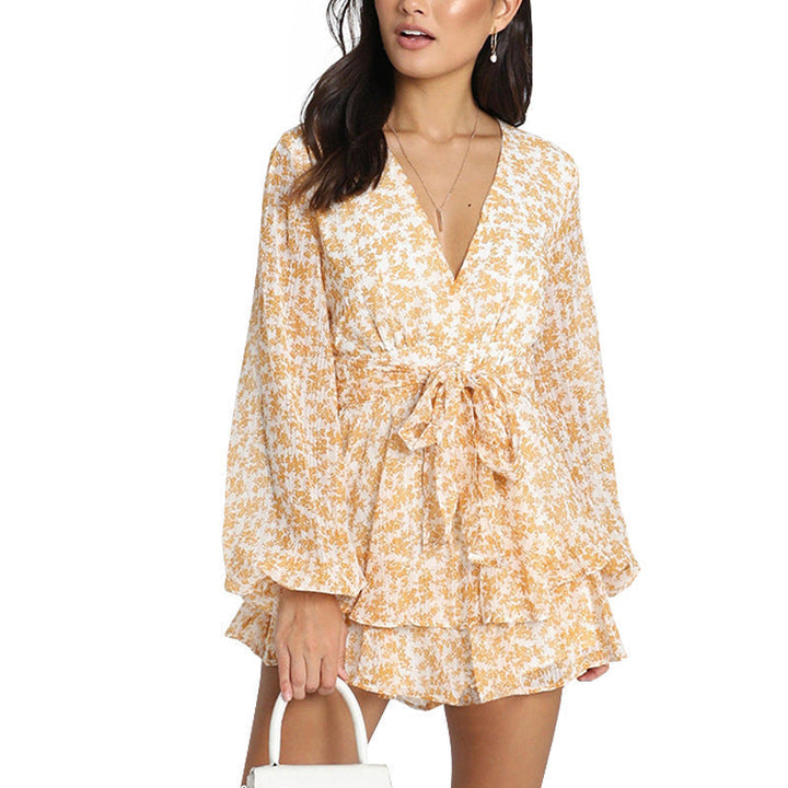 Graceful V-neck chiffon long sleeve print lace dress