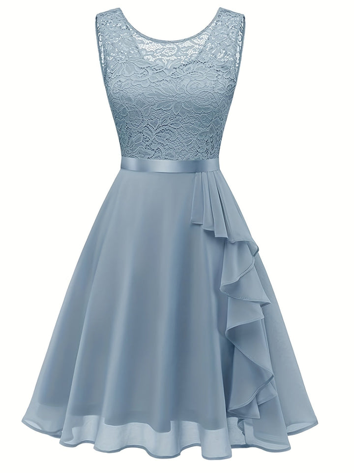 Women’s - Summer Dress - Pleated A-line with Lace Patchwork - Elegant Knee-Length Round Neck Style