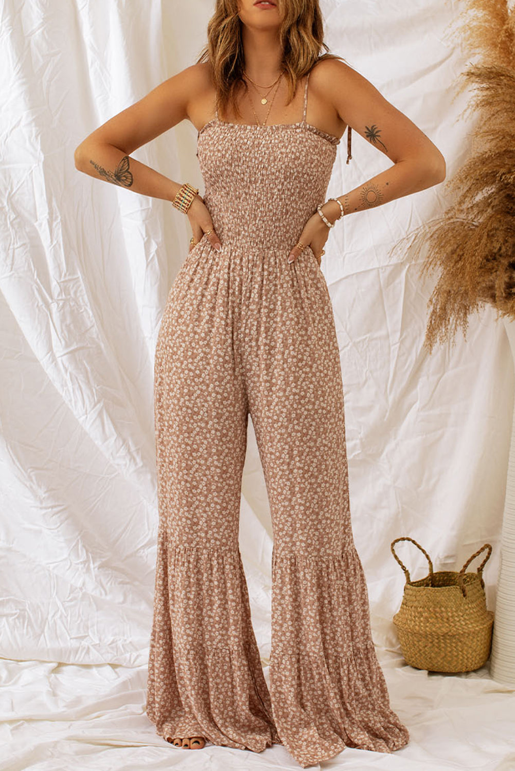 Floral spaghetti strap smocking jumpsuit with wide leg