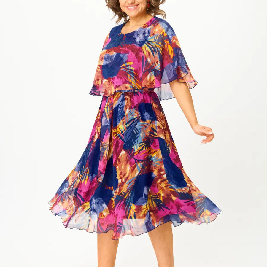 Women's - Elegant Chiffon Dress - Colour Accents - Stylish Fashion