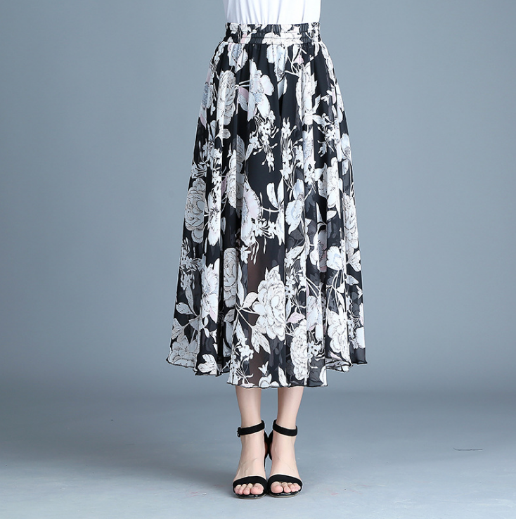 Modern retro skirt printed chiffon dress pleated skirt