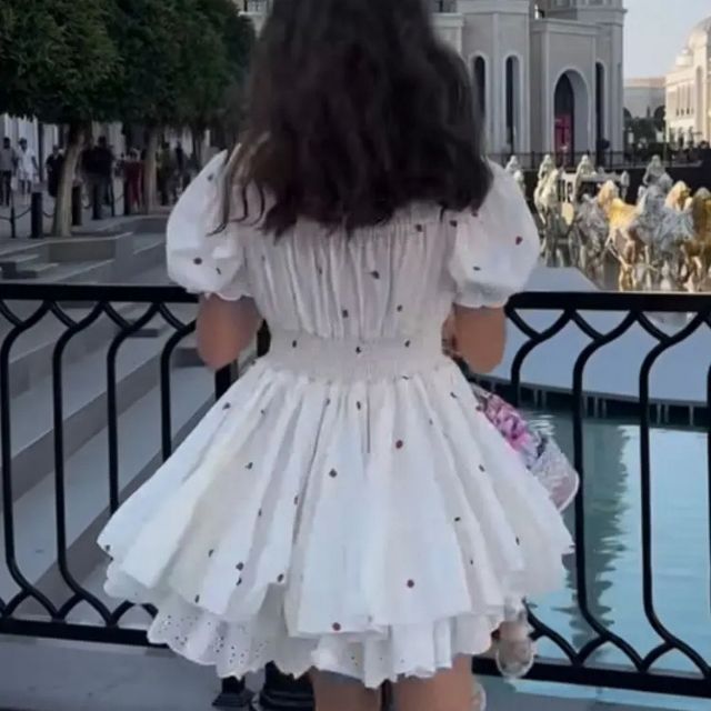 Puff sleeve dress with cherry accents