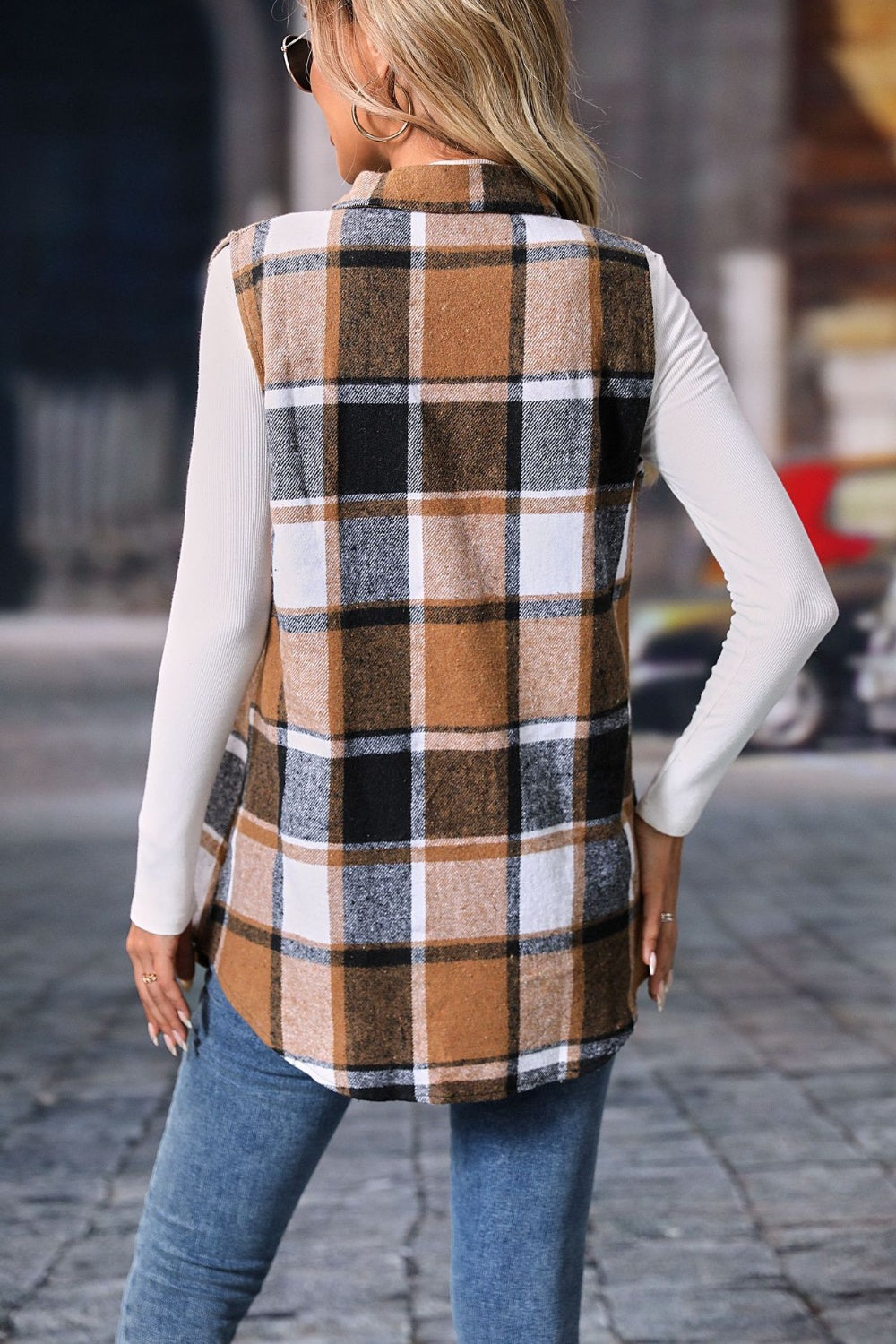 Women's - Plaid Button Up Vest Coat - Stylish Layering Piece - Classic Design for All Occasions