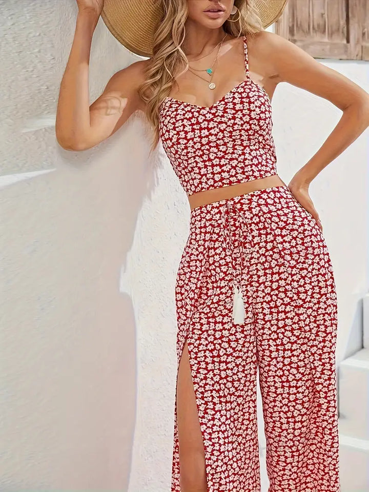 Crop Cami Top With V-Neck and Split Trousers With Waist Belt, Two-piece Set