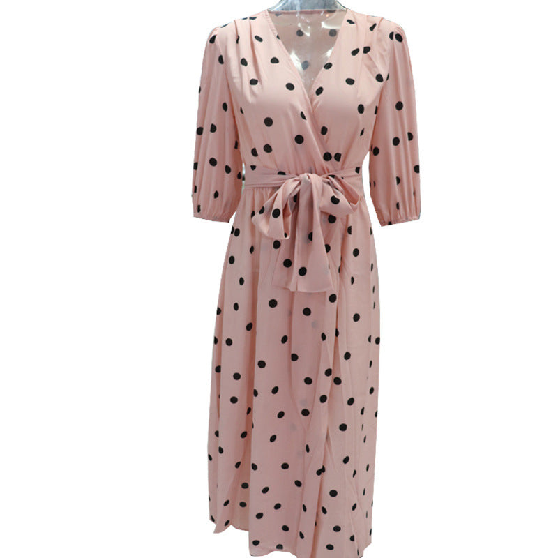 Polka dot elegant female puff sleeve v-neck dress